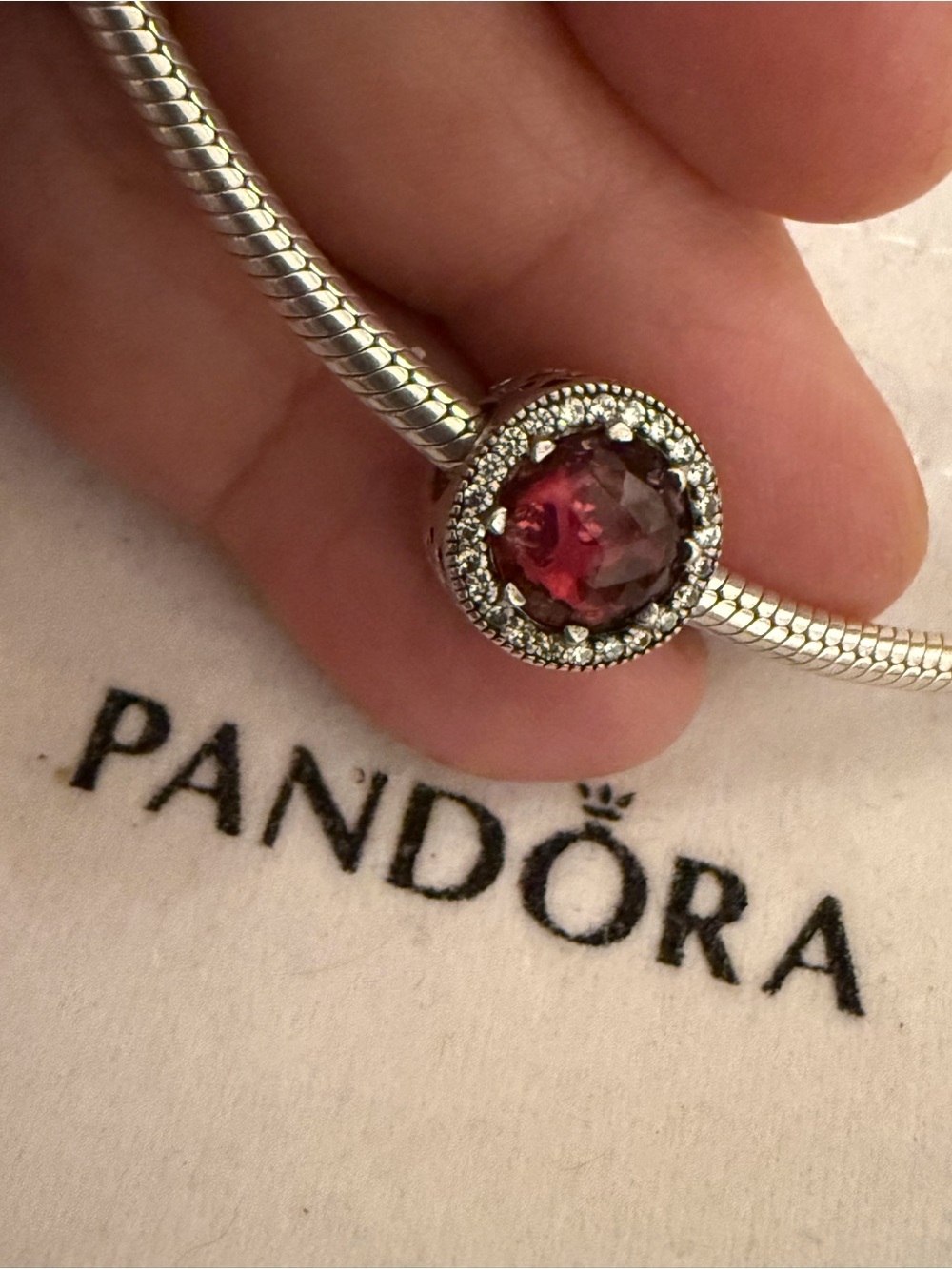 Pandora Rose-Red Halo CZ Charm on Snake Bracelet